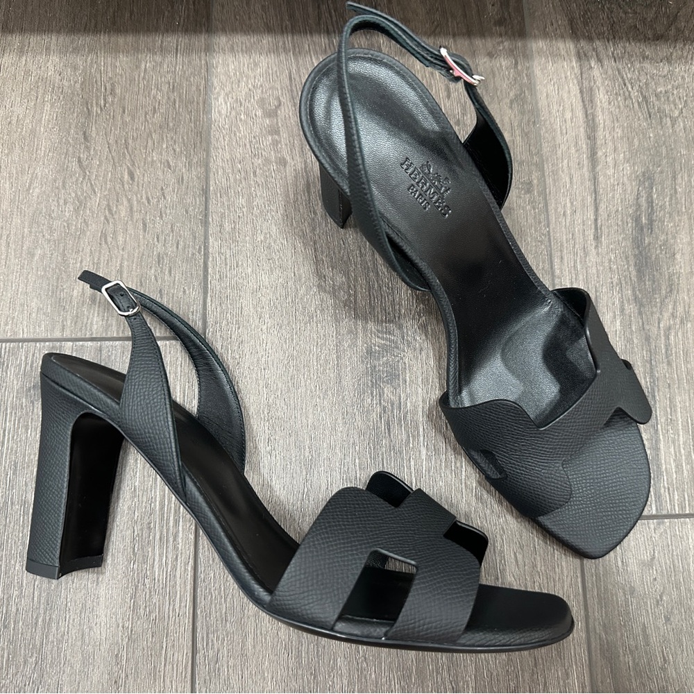 HERMES H ETERNITE 80 SANDALS HIGH HEELS BLACK EPSOM LEATHER SHOES 39.5 - Picture 9 of 16